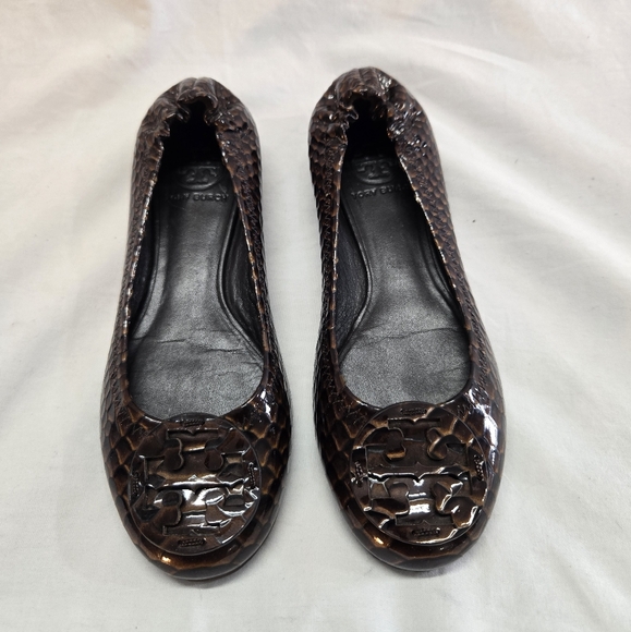 Tory Burch Women's 6 Reva Ballet Flats Brown Snake Skin Patent Leather - Picture 3 of 9